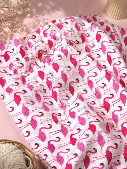 White Flamingo Print Cotton Fabric