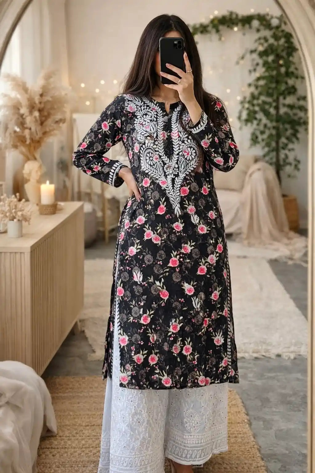 Floral Black Fanah Mul Chikankari