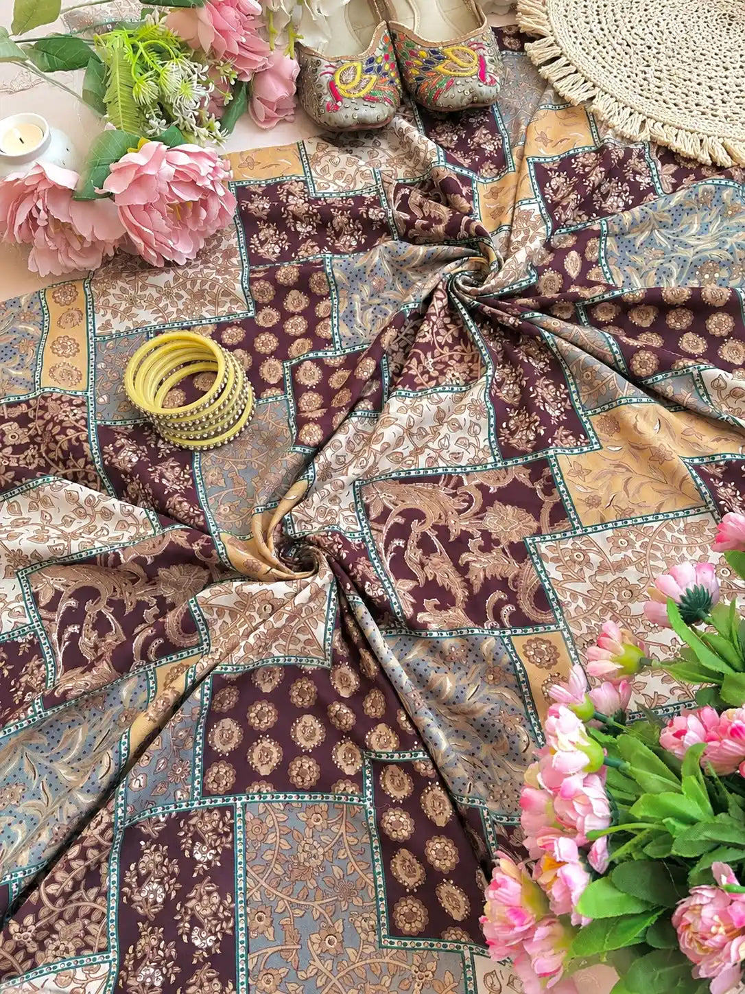 Vintage Patchwork Brown Floral MulMul Fabric Cut