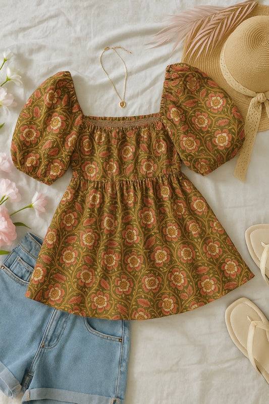 Ajrakh Puff Sleeve Peplum Top