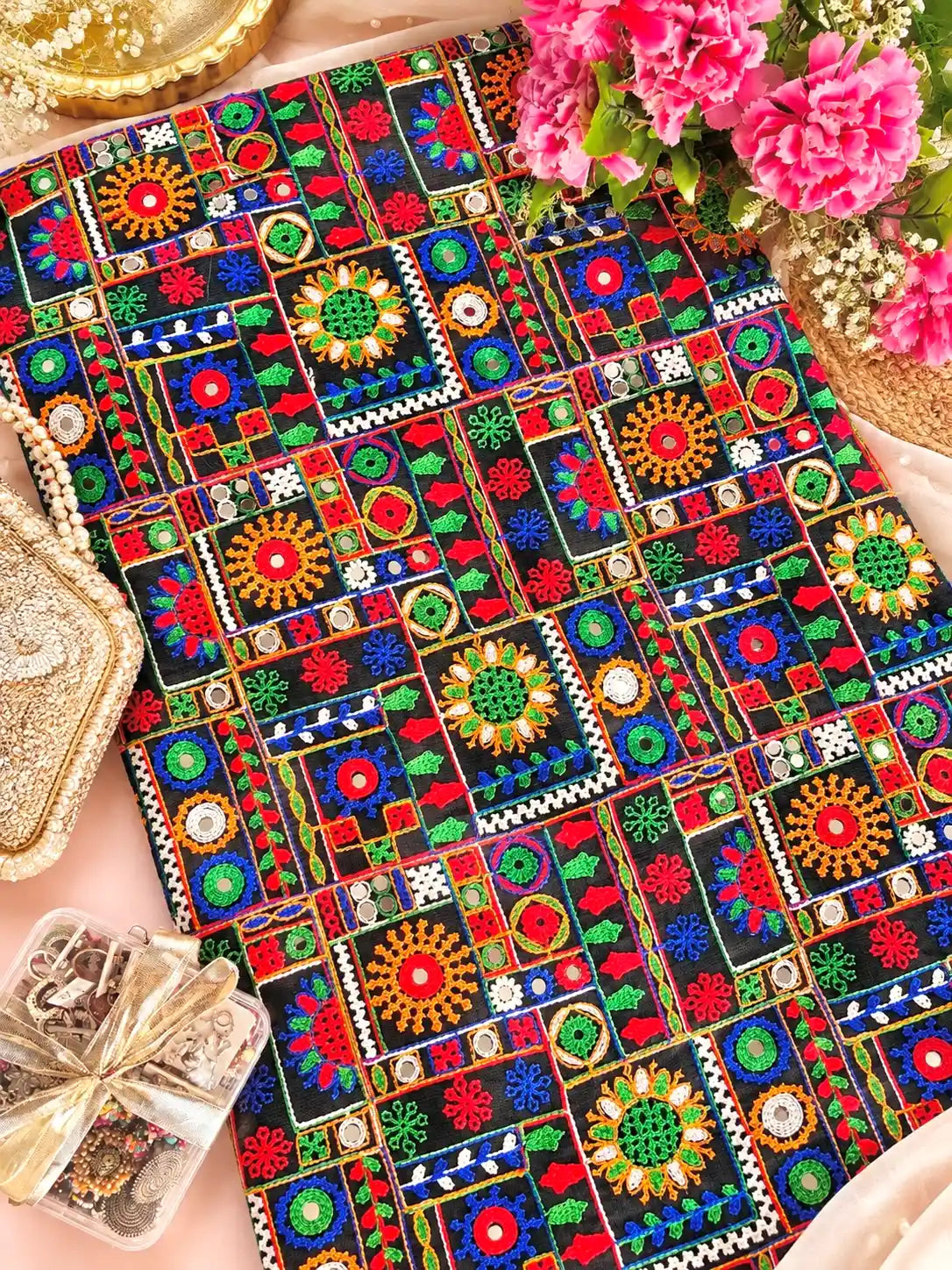 Black Multicolor Patchwork Embroidered Fabric Cut