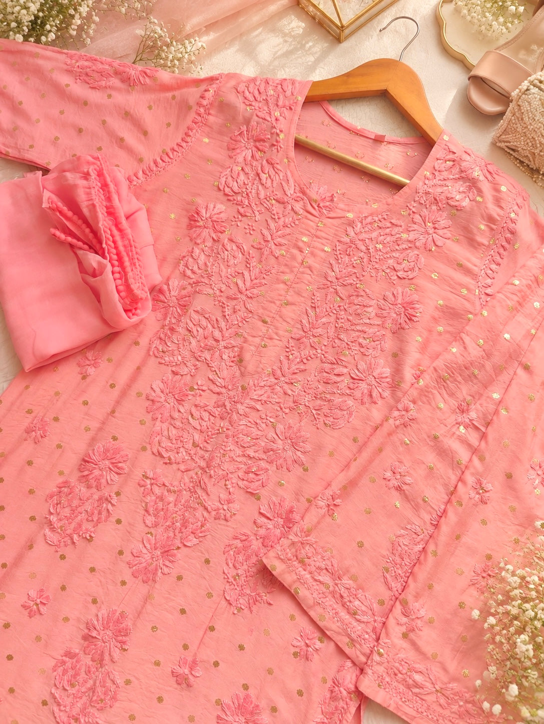 Rose Peach Chikankari Embroidered Suit Set