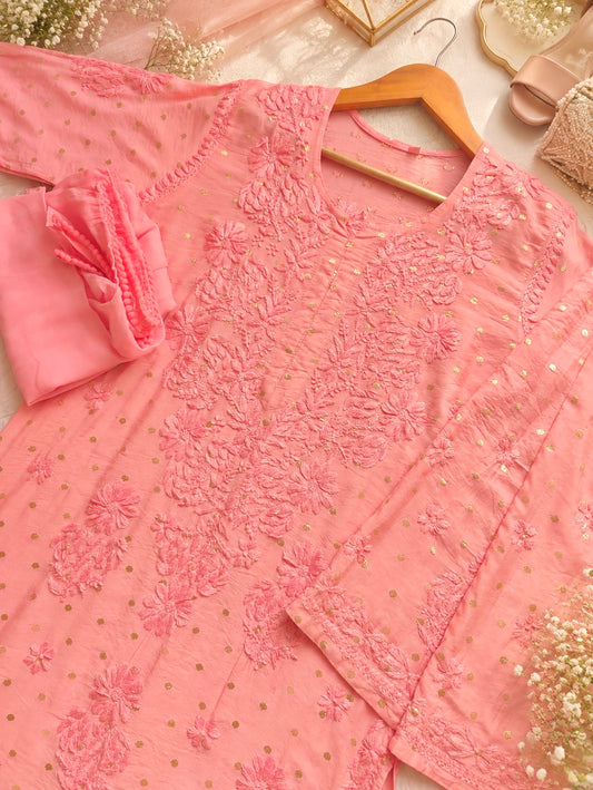 Rose Peach Chikankari Embroidered Suit Set