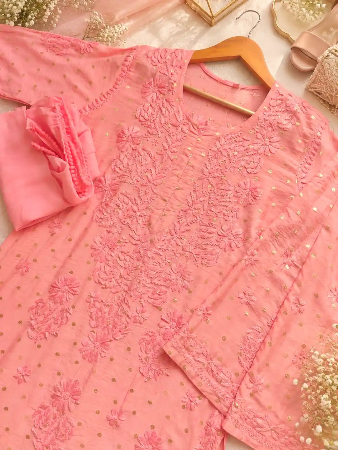 Rose Peach Chikankari Embroidered Suit Set