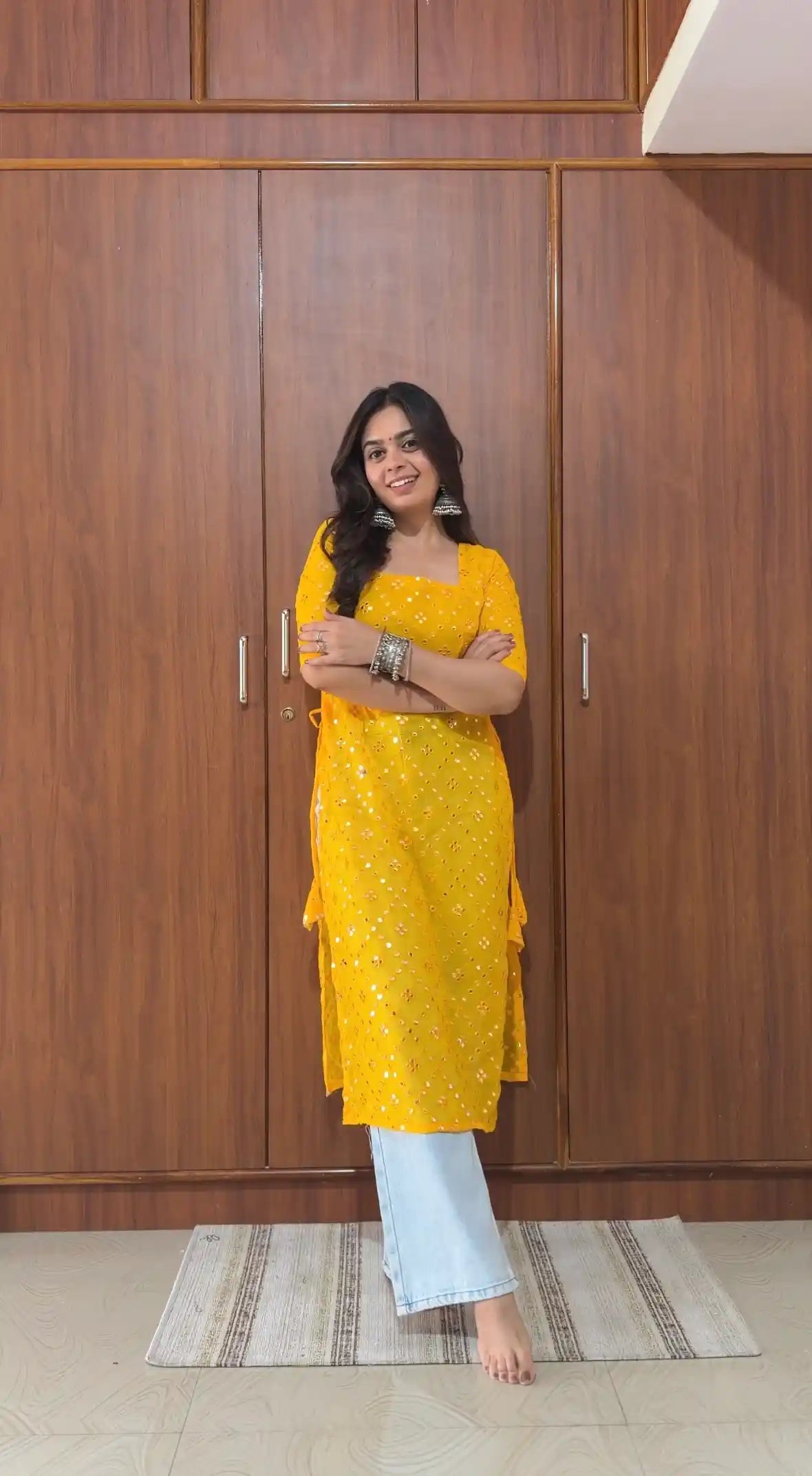 Santoshi’s Yellow Mirror Embroidered Gulnaz Kurta