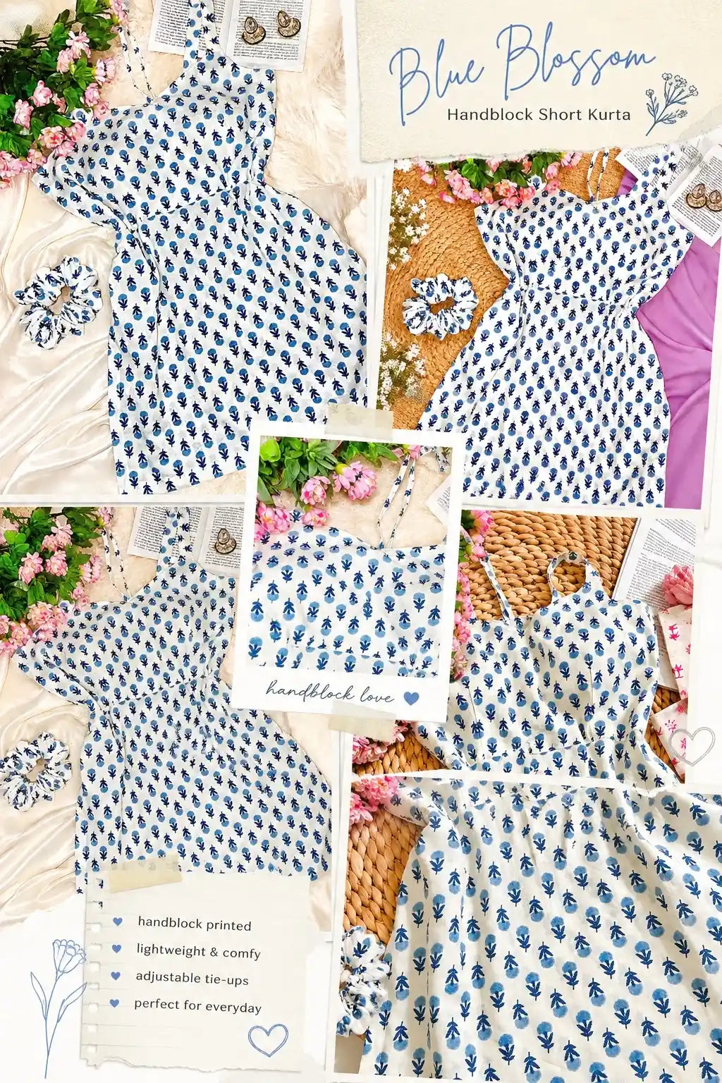 Blue Blossom Handblock Short Kurta