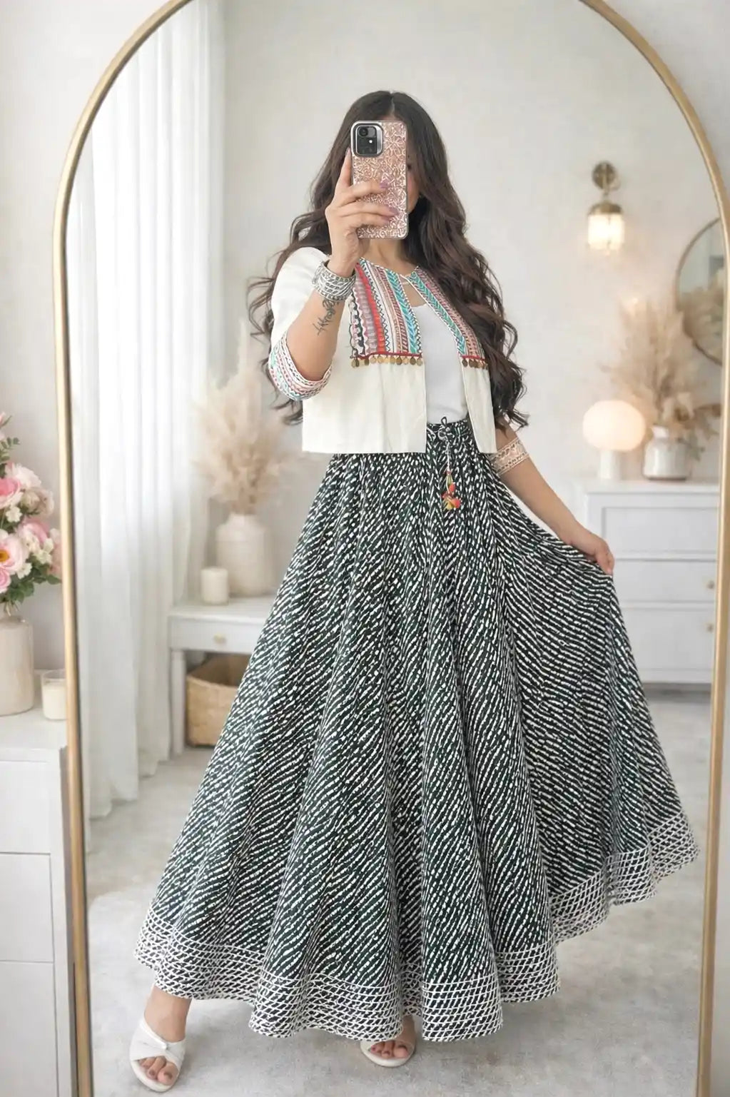 Green Lehriya Jaipuri Twirl Skirt