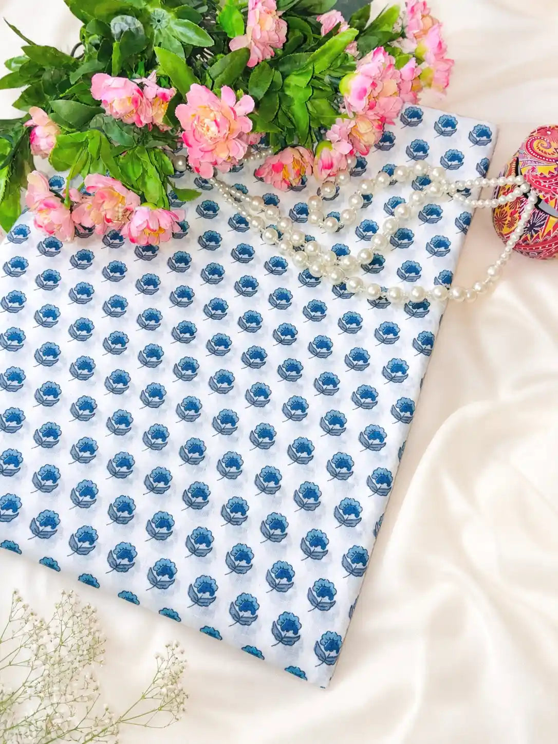 Blue Buti Handblock Printed Cotton Fabric