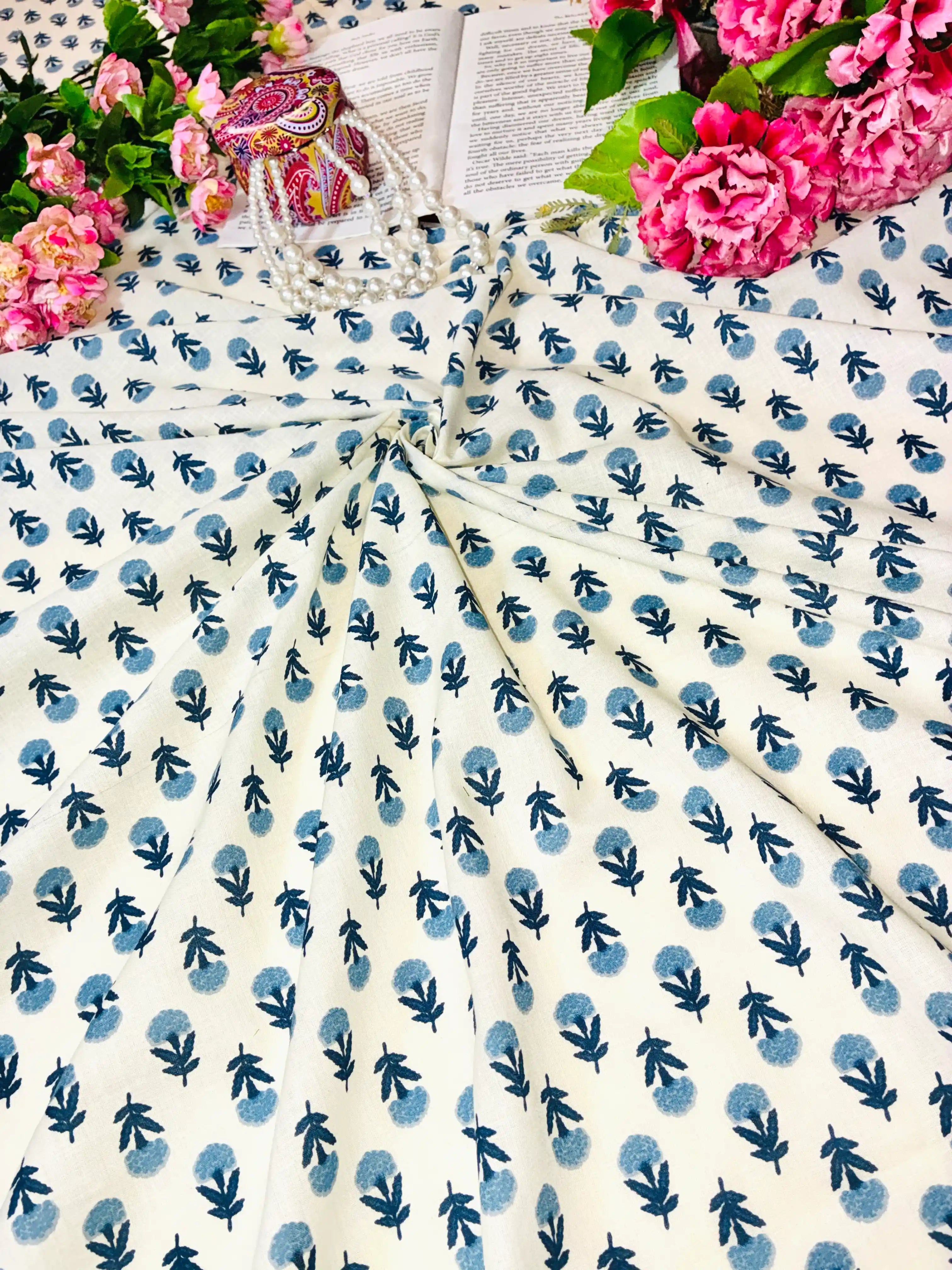 Blue Floral Buti Cotton Fabric