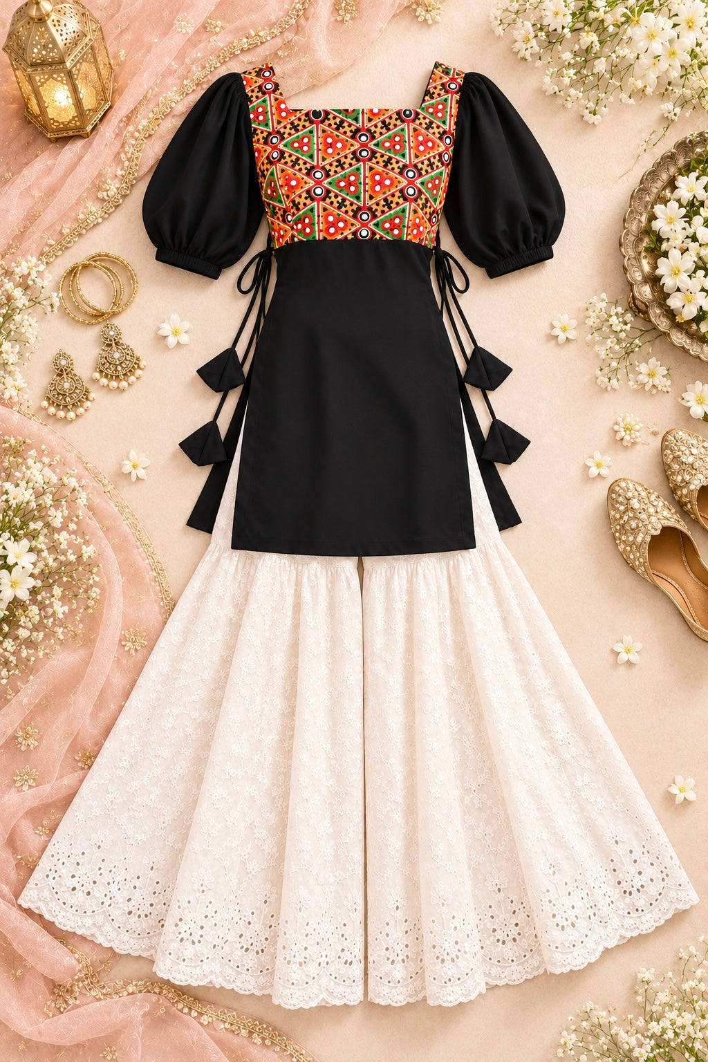 Black Multicolor Puff Sleeve Short Kurta