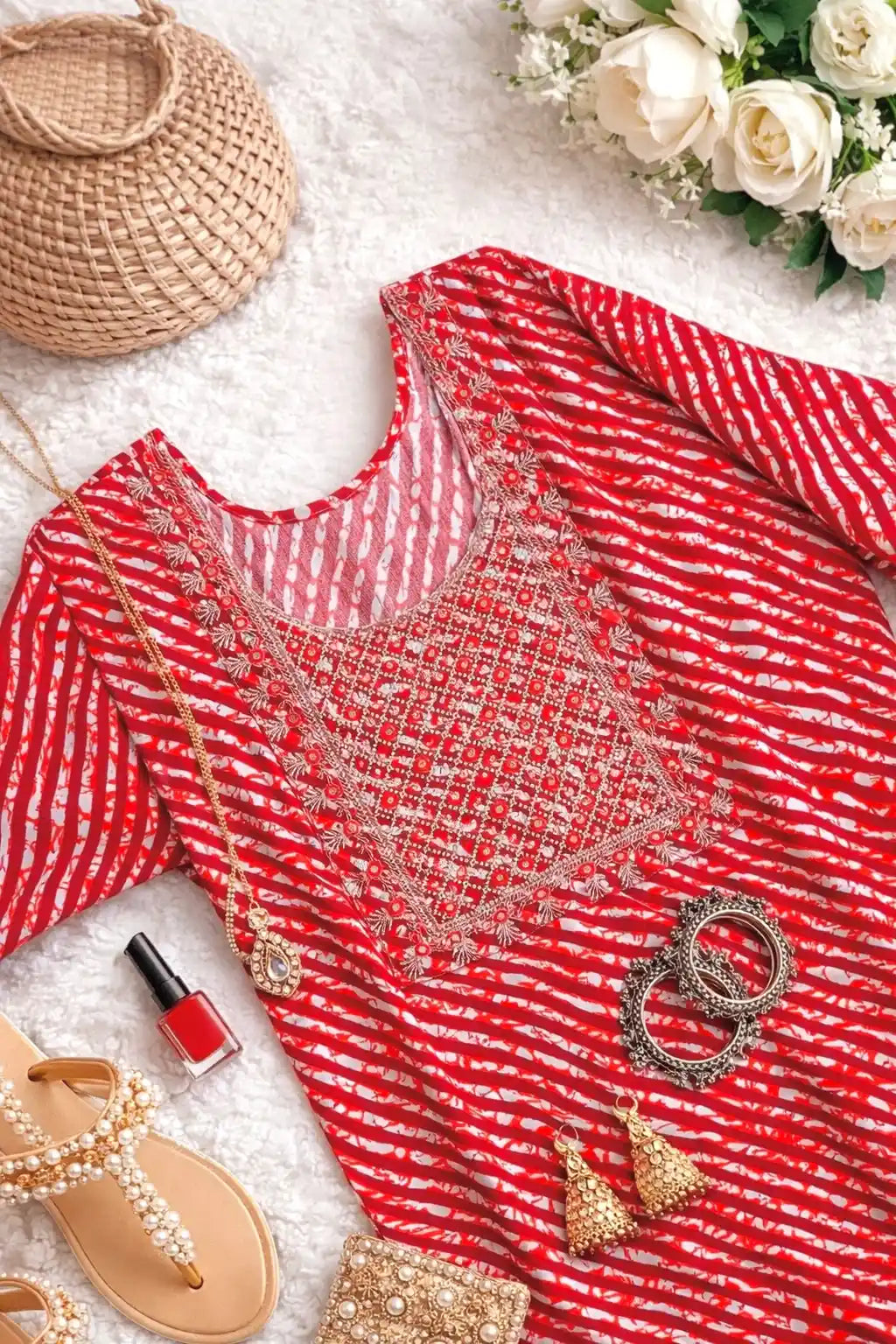 Blush Red Lehriya Short Kurta