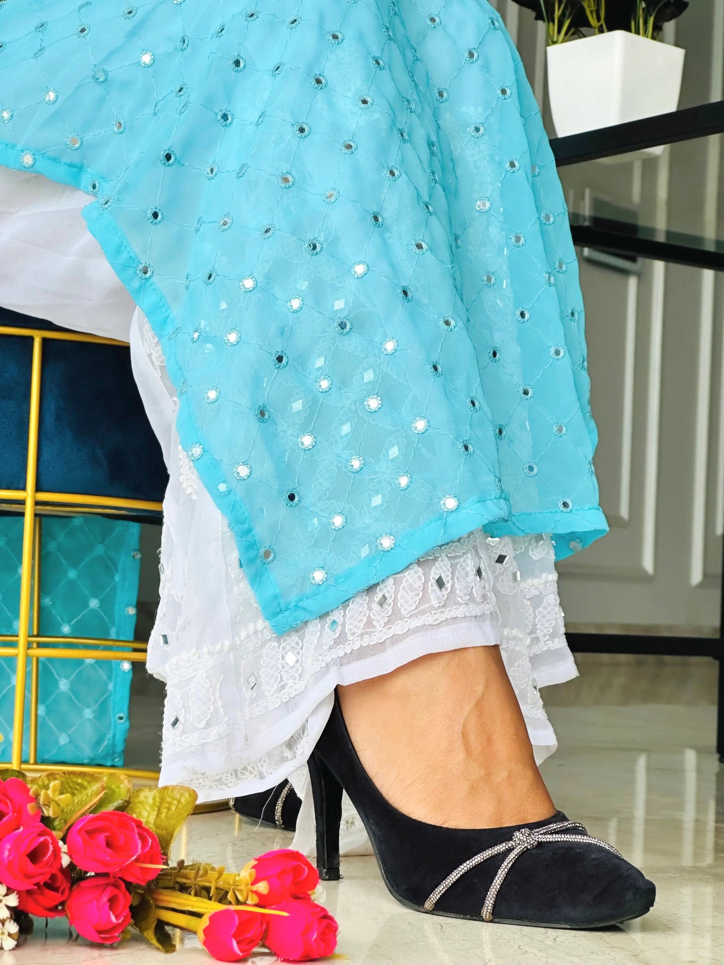 Soft Blue Mirror Blush Gulnaz Kurta