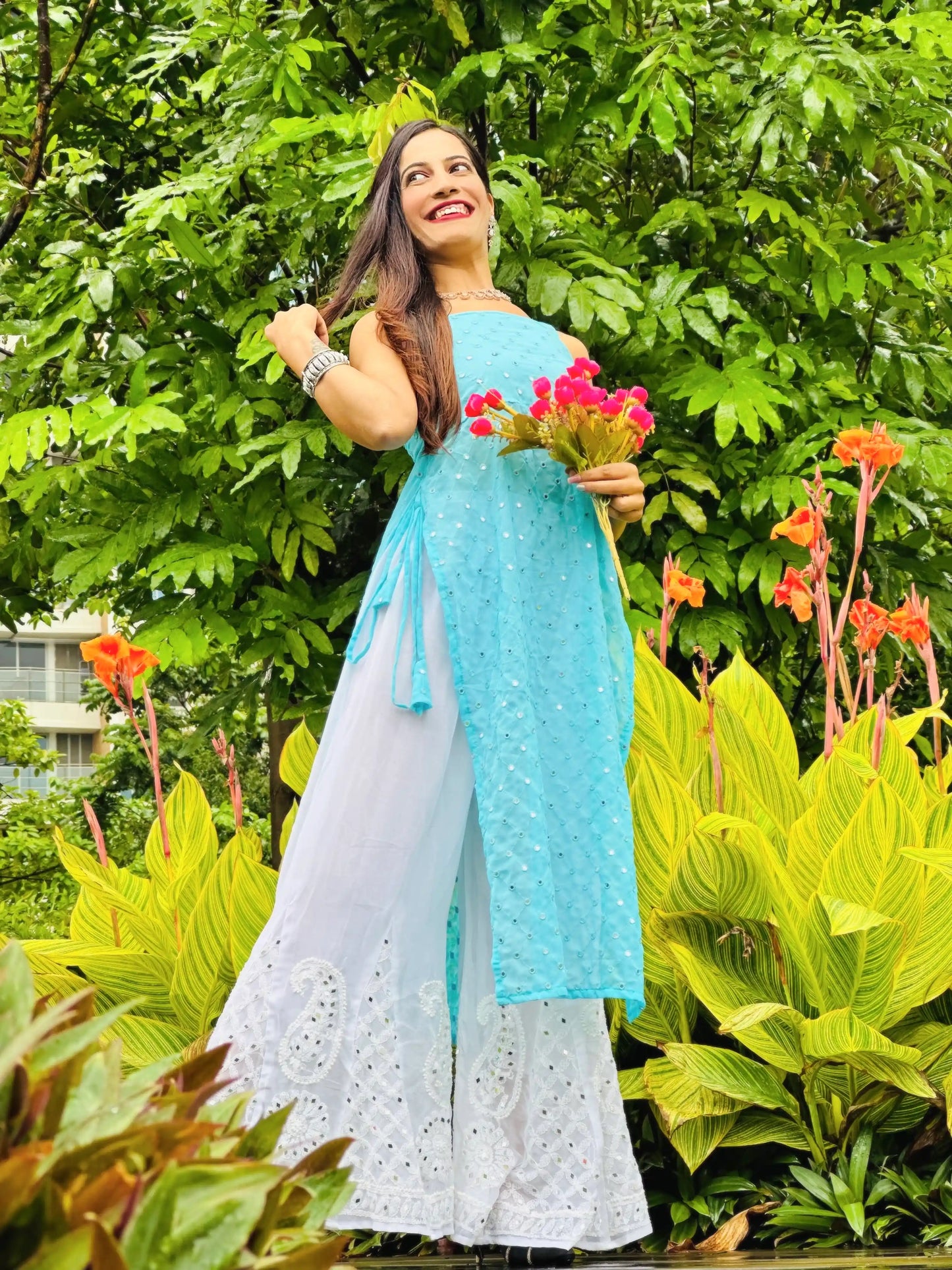 Soft Blue Mirror Blush Gulnaz Kurta