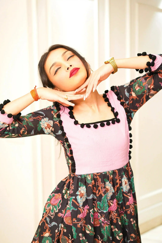 Black Kalamkari Pompom Peplum Top - Passion for Fashion by Shivani