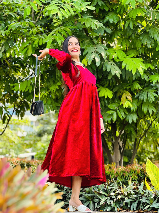 Sparkling Maroon Velvet Twirl Dress