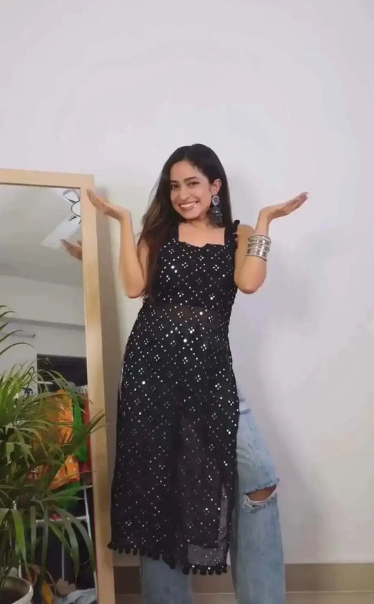 Anushka's Mirror Black Dori Gulnaz Kurta - Passion for Fashion by Shivani
