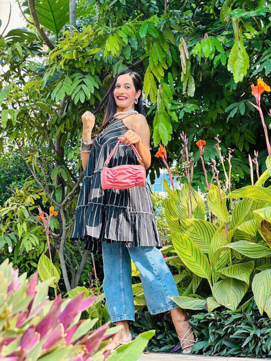Black Stripe Denim Frill Kurta