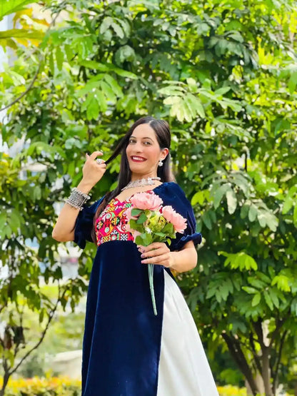Azure Blue Gamti Velvet Gulnaz Kurta