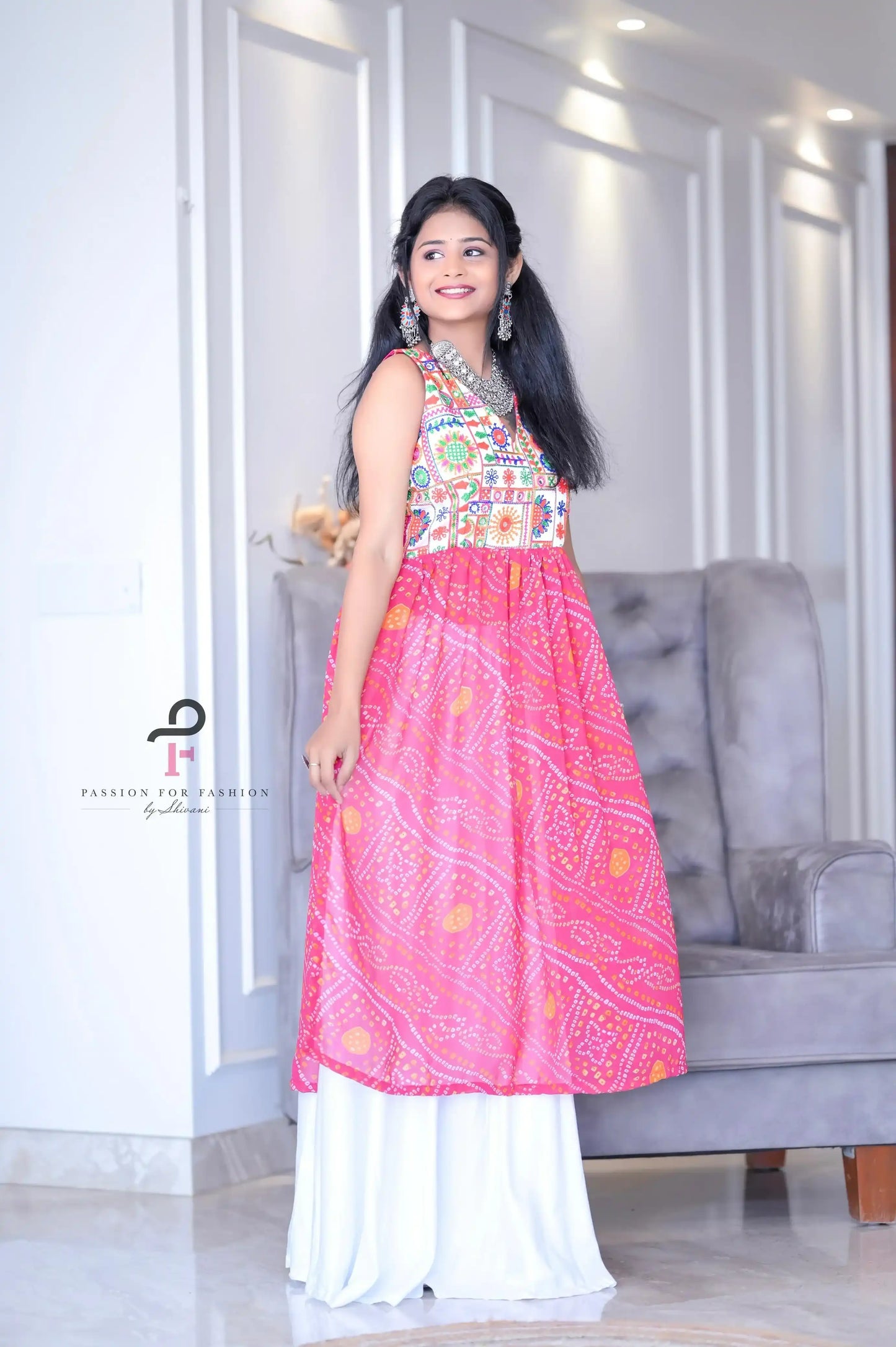 Rosy Pink Bandhej Gulnaz Embroidered Kurta