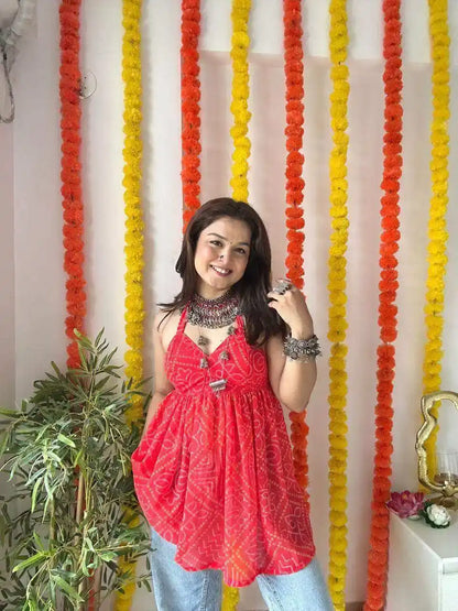 Ayesha’s Red Bandhej Peplum Top