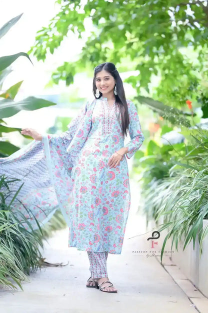 Soft Blue Jaipuri Meher Suit Set