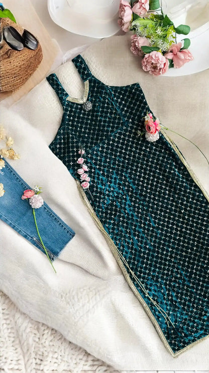 Fine Turquiose Velvet Slit Kurta
