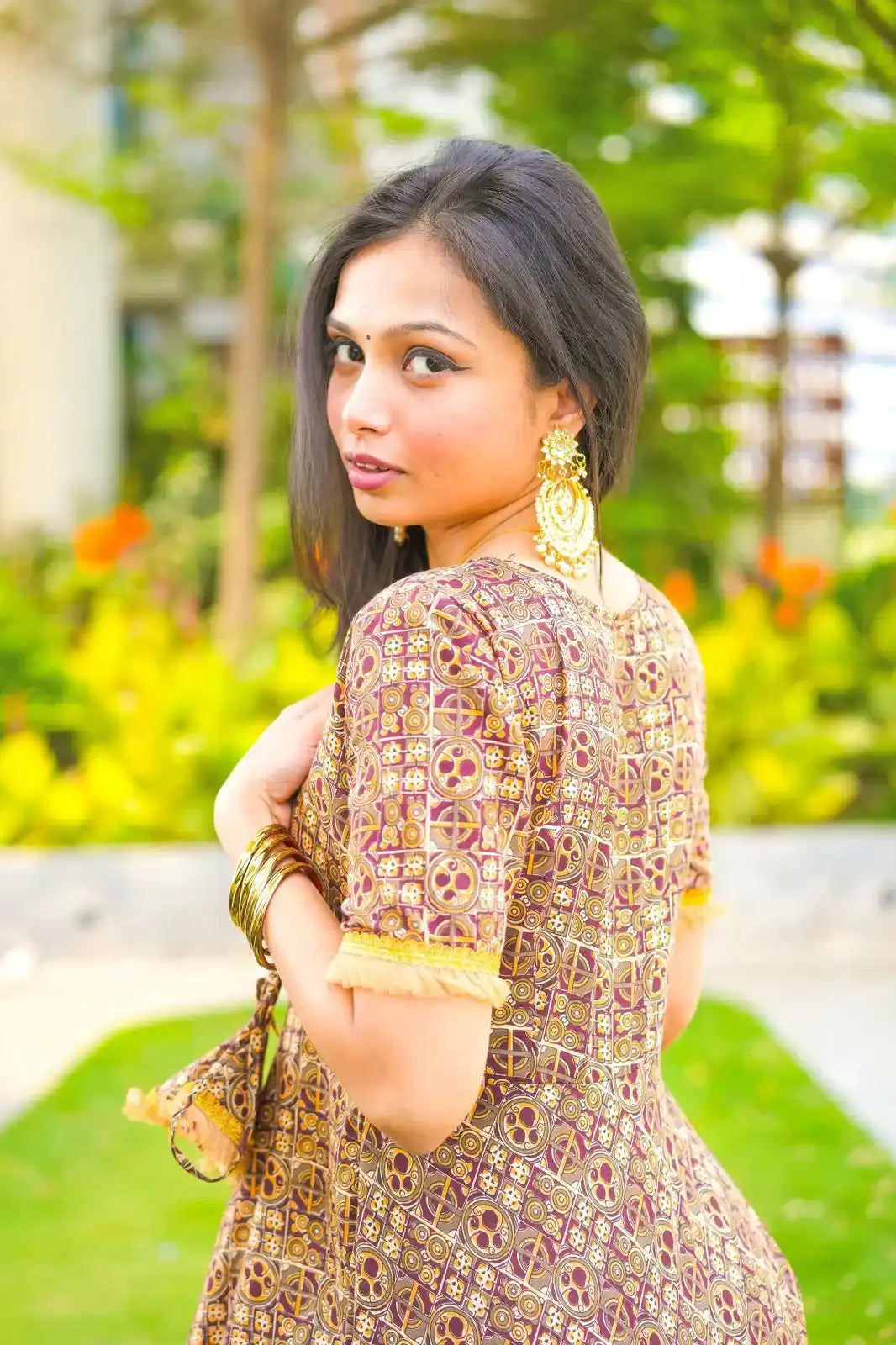 Jaipuri Handprinted Brown Gulnaz Twirl Anarkali