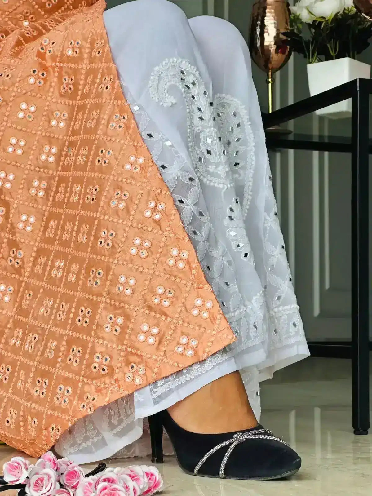 Coral Peach Mirror Gulnaz Kurta