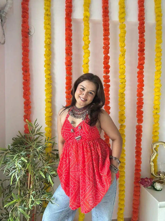 Ayesha’s Red Bandhej Peplum Top