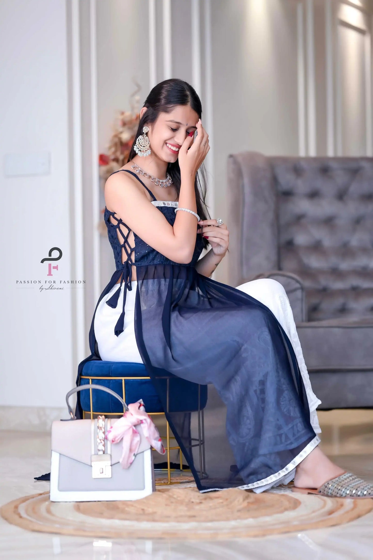 Monochrome Blue Embroidered Gulnaz Kurta