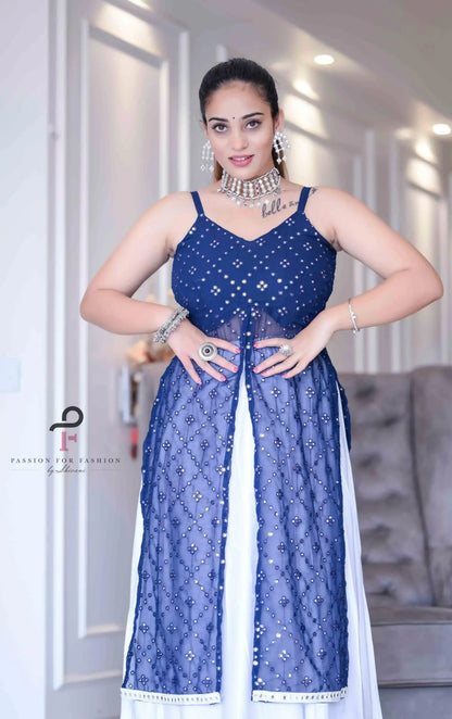 Dazzle Blue Mirror Embroidered Gulnaz Kurta