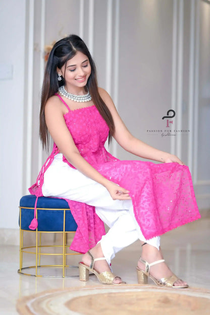 Hot Pink Gulnaz Embroidered Kurta