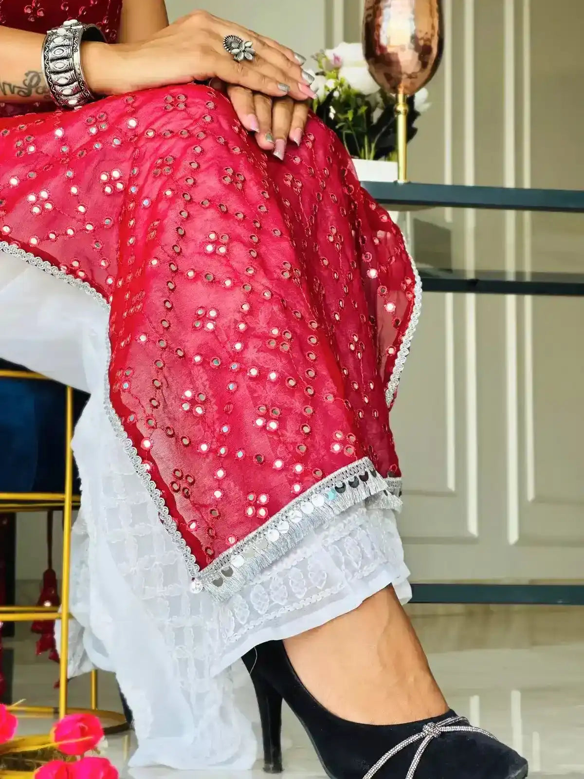 Swati's Scarlet Maroon Mirror Gulnaz Kurta