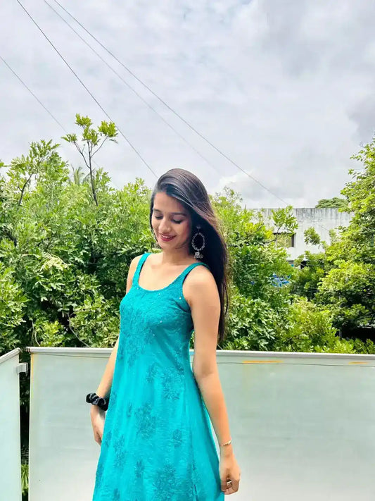 Mahima’s Turquiose Hoor Chikankari Slit Kurta