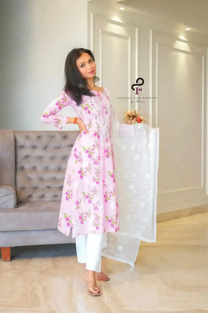 Blush Pink Rangrez Mul Chikan Kurta
