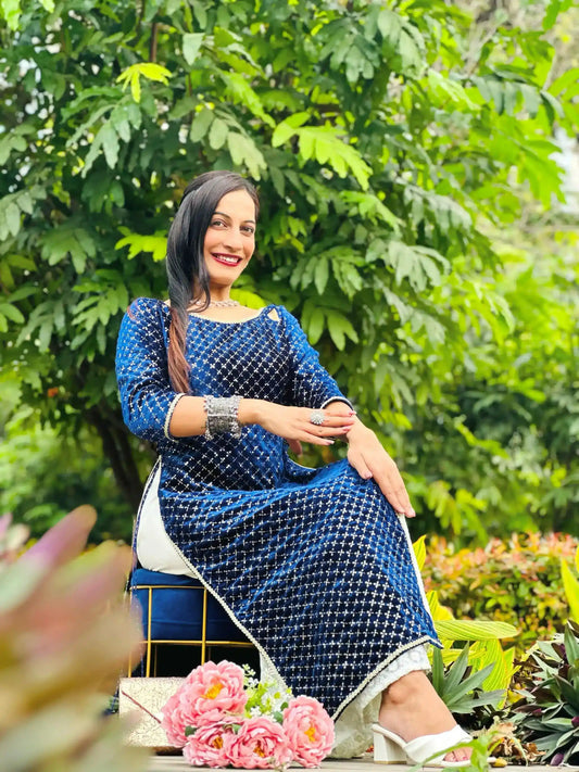 Twilight Blue Velvet Gulnaz Kurta