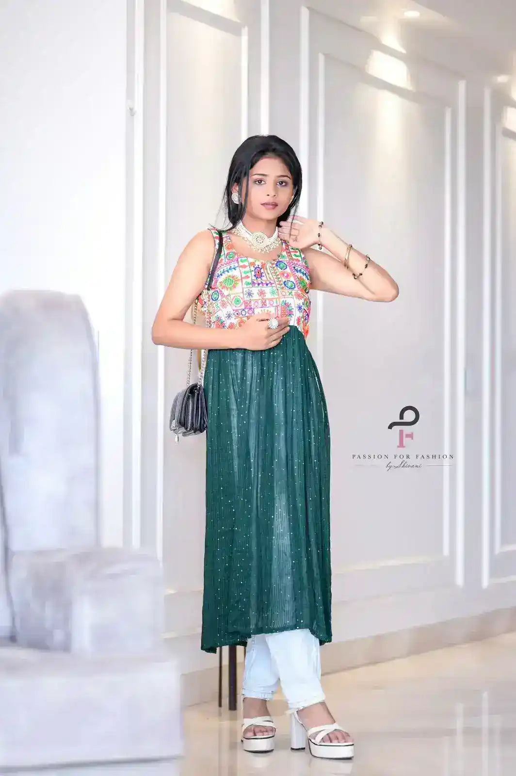 Denim Green Embroidered Gulnaz Kurta
