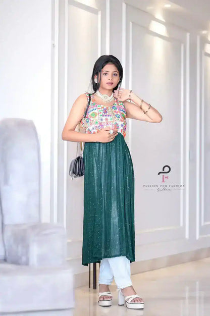 Denim Green Embroidered Gulnaz Kurta