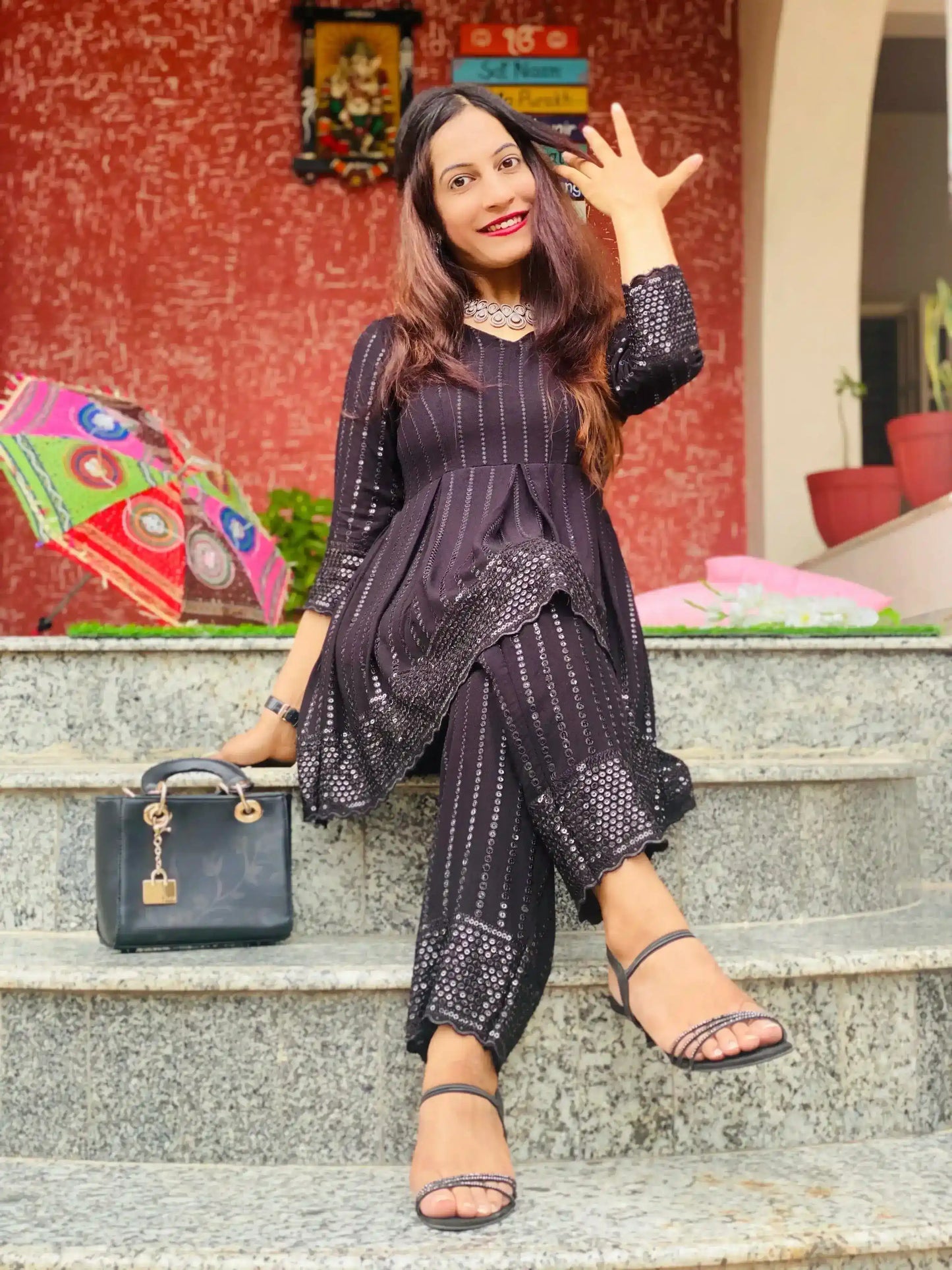 Elegant Black Sequence Embroidered Gulnaz Cord