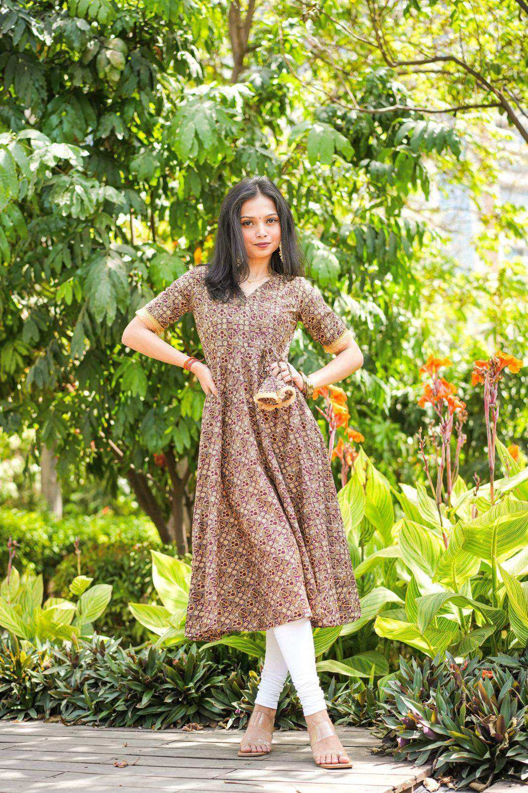 Jaipuri Handprinted Brown Gulnaz Twirl Anarkali