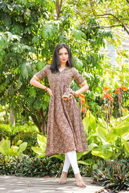 Jaipuri Handprinted Brown Gulnaz Twirl Anarkali