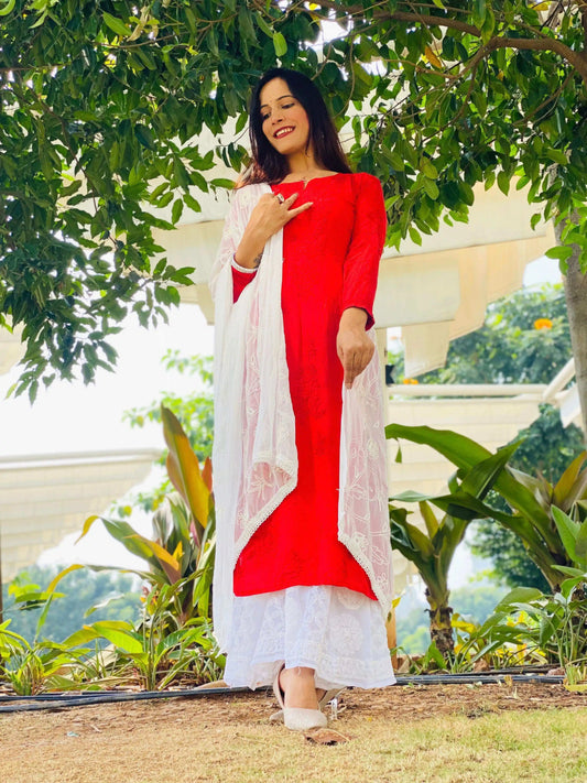 Scarlet Red Modal Chikankari Kurta