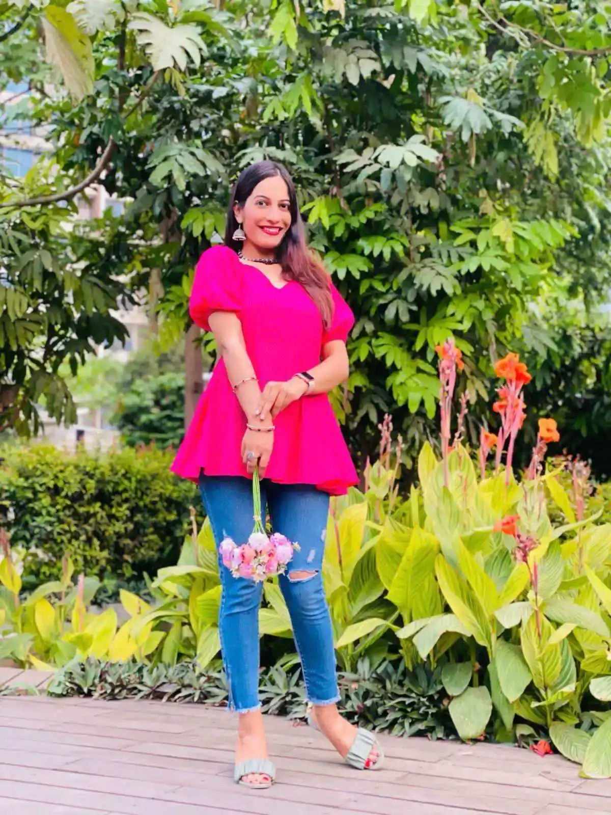 Hot Pink Puff Gulnaz Peplum Top