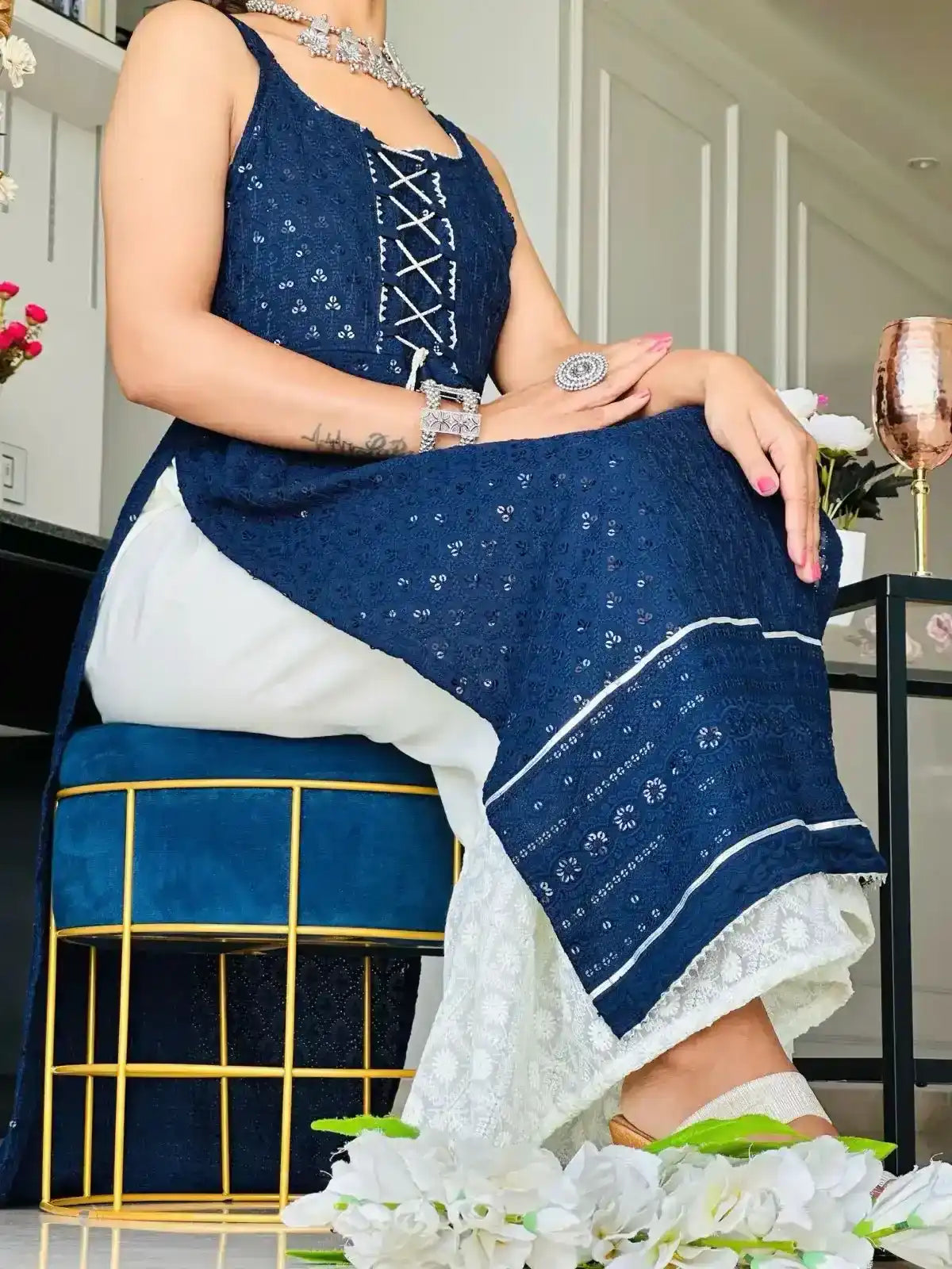 Liberty Blue Dori Sequence Gulnaz Kurta