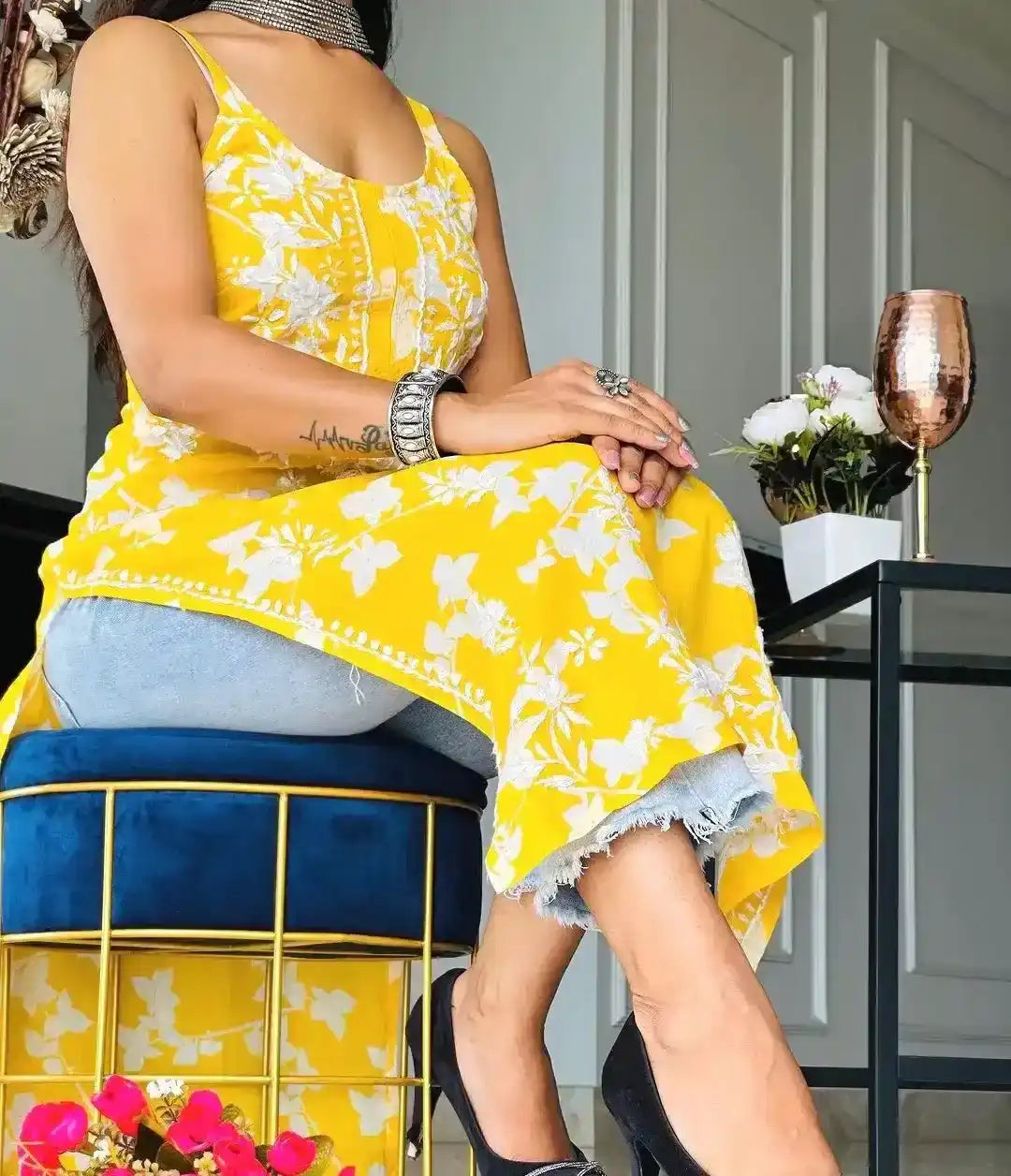 Sunrise Yellow Anokhi Mul Slit Chikan Kurta