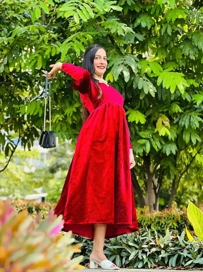 Sparkling Maroon Velvet Twirl Dress