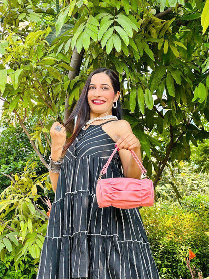Black Stripe Denim Frill Kurta