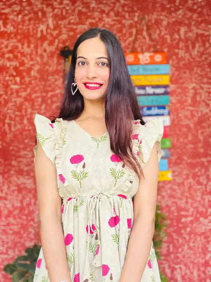 Pink Floral Hand Printed Peplum Top