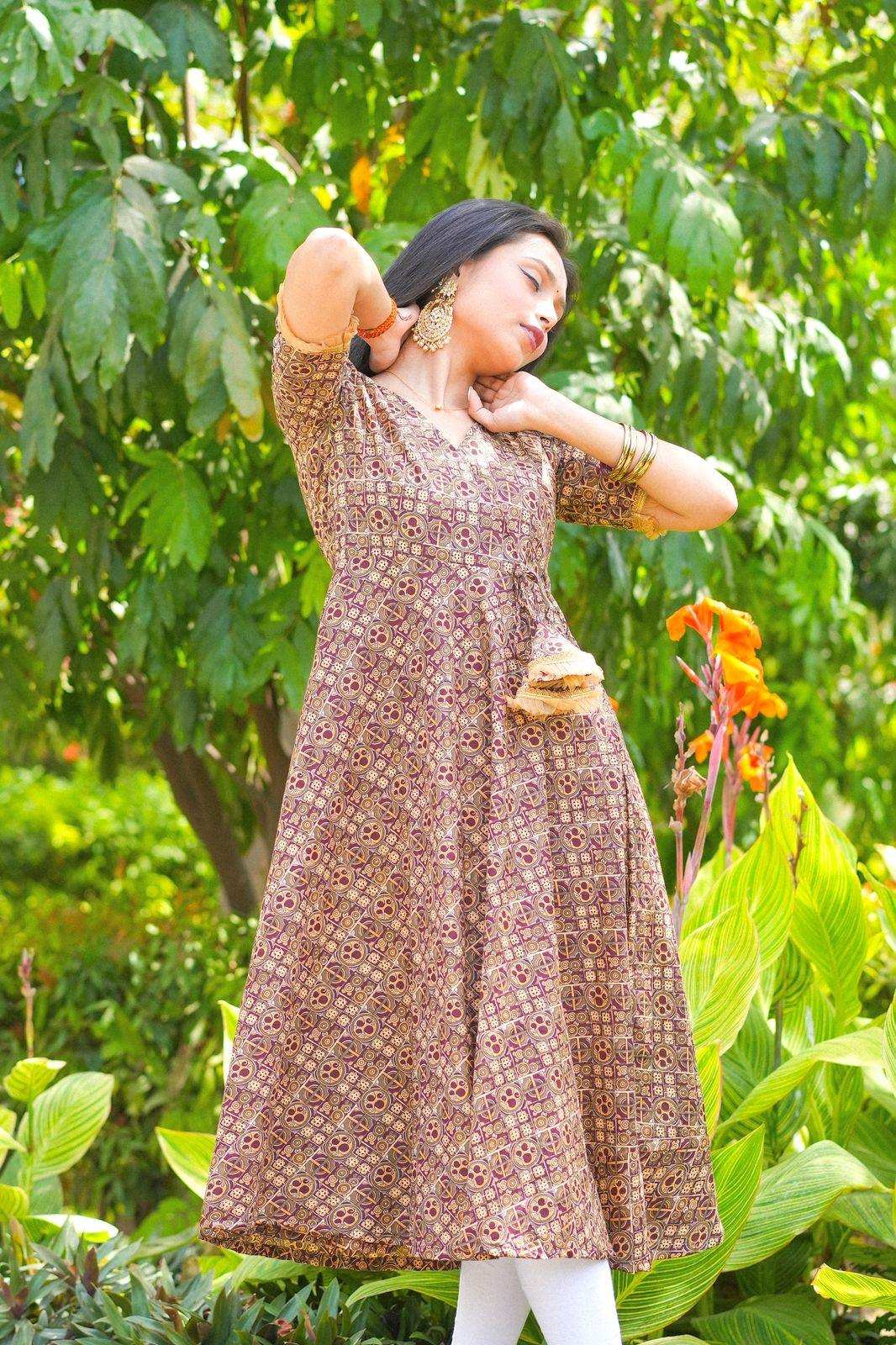 Jaipuri Handprinted Brown Gulnaz Twirl Anarkali