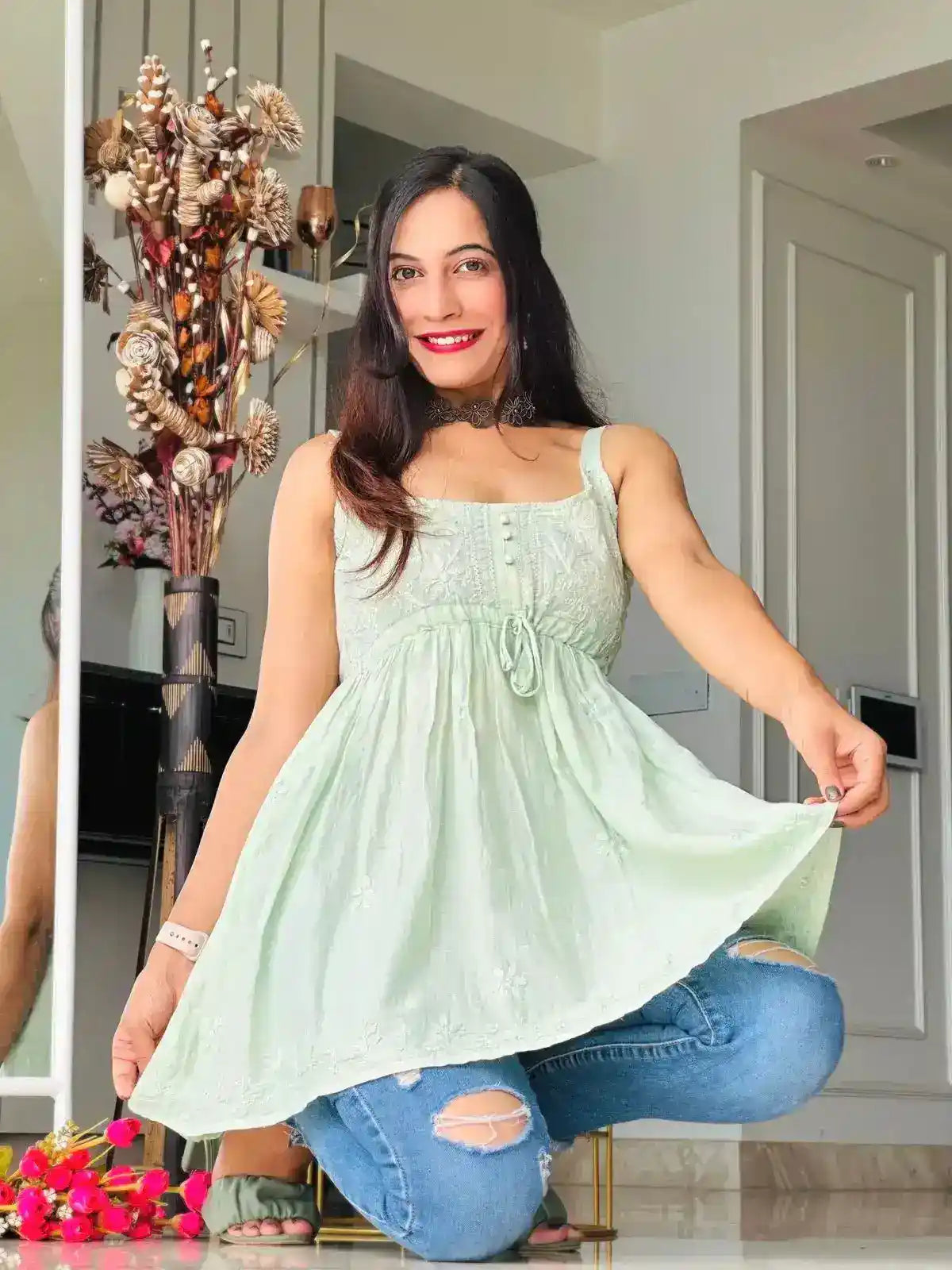 Blush Green Naaz Chikan Short Kurta